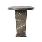 Straight back view of Eslo End Table showing extended round top edge and natural marble streaks