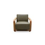 Eckersley Lounge Chair with vintage stained solid oak frame and olive green leather upholstery, wide armrests, sturdy design