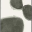 Serene abstract painting with three soft, blurred green pebble shapes on a pale background