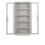 Larson cabinet doors open revealing five interior wood shelves with back paneling