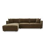 Large Bryn sectional sofa in warm brown velvet with chaise on left and plush back cushions
