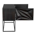 Left side view of Zurich Console showing open door and continuation of carved geometric pattern