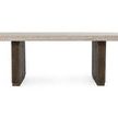 Front view highlighting the symmetrical block legs with vertical ridges and laminate tabletop edge
