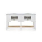 Rear view of Sienna table showing plumbing cutouts under open lower shelf with woven texture