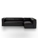 Straight-on front view of sectional seating and cushioning in black leather