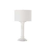 Three-quarter view showing the marble column and square base of the lamp
