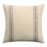 Cream-colored wool pillow with two sets of vertical gray stripes, soft woven texture, square shape