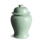 Small traditional ginger jar with wide rounded body and lid, glazed in soft high gloss sage green
