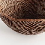 Close-up showing tight woven texture and rim detail of the Burmese rattan scalloped bowl