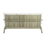 Close-up of lower back and leg of sofa frame with visible smooth light gray teak wood grain