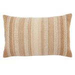 Rectangular lumbar pillow with beige and ivory striped tribal embroidery on textured polyester fabric