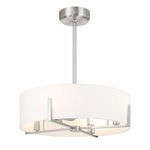 Side angle showing satin nickel prongs holding white fabric shade on Mansell fan