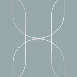 Palais Wallpaper in muted blue with large-scale white and metallic silver geometric curving lines