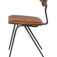 Side profile highlighting curved backrest attached with brass detail and angled chair legs