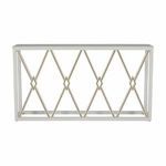 Front view showing the full stained-gold metal diamond inlay pattern on the Alandra Console Table