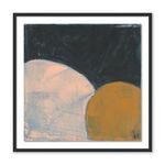 Abstract painting with large muted peach and ochre organic shapes against a dark textured background, signed by Jill Elliott