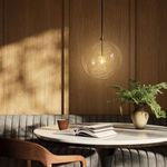 Globe pendant light illuminated in a cozy room with wooden furniture and green plant on table