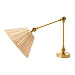 Side view of sconce with arm extended vertically and rattan shade angled downward