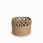 Side angle of bamboo basket showing woven texture and looped rim detail