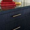 Close-up of top drawers and metal handles with textured selvage blue finish