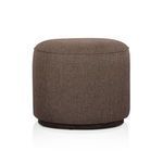 Rounded Sinclair Outdoor Ottoman with weather-resistant brown upholstery and hidden dark wood plinth base