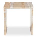 Rosa accent table featuring bold waterfall design in neutral-toned thick marble slabs with varying patterns and shades.