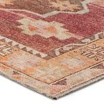Close-up showing texture and abrashed digital print of orange and pink geometric border and medallions