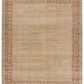 Hand-knotted wool rug with distressed gold, brown, and beige trellis and ornate border