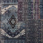 Top view of the rug alongside swatches of color and pattern variations in the Polaris rug collection.