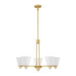 5-light Kohlman chandelier with warm brass finish, white opal glass conical shades and travertine accents