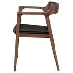 Side profile showing slim hardwood legs and gently curved backrest with black leather seat