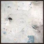 Abstract painting with muted blues, grays, and white tones featuring delicate brush strokes and a calming, serene composition
