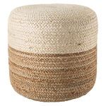 Cylinder pouf with braided jute in white top half and beige bottom half, studio background