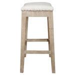 Front view highlighting the textured distressed oak legs and horizontal braces beneath the upholstered seat