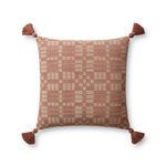Ellery clay throw pillow with muted geometric pattern and tasseled corners in 18 by 18 inch cotton cover