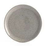 Top-down view of speckled clay dinner plate showing circular pottery marks and soft gray glaze