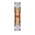 Top-down flat view of sconce showing round white veined art glass globes and travertine center