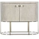Front view showing rounded doors with round metal knobs and oval metal base in brushed finish