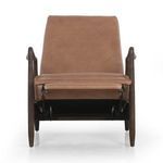 Close-up of olive green leather upholstery on recliner armrest