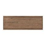 Close-up showing smooth oak wood drawer front and minimalist handle details on Henry Desk
