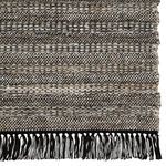 Detailed view of weave pattern with alternating light and dark yarn rows and fringe ends.