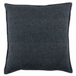 Dark blue linen pillow shown at slight side angle highlighting flange detail