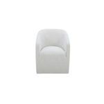 Sandy Rolling Dining Chair with curved back and soft white fabric upholstery, featuring smooth-rolling casters