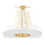 Disc-shaped chandelier with pleated faux silk shade and gold jewelry-like chain suspension