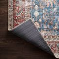 Corner of rug flipped over highlighting dark polyester backing and stitched edge