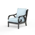 Monterey Club Chair with espresso aluminum frame, Old World Copper Rub finish, and light blue outdoor cushions