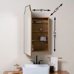Mirror door opened on Scarlett Surface Cabinet revealing three adjustable glass shelves with measurements