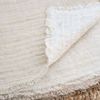 Close-up of throw corner showing woven linen texture and fringed edges on a natural fiber rug