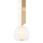 Close view focusing on pendant's gold metal rod and top hardware connecting to frosted glass shade