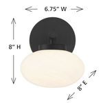 Wall sconce with measurements showing 8 inches high, 6.75 inches wide, 8 inches extension